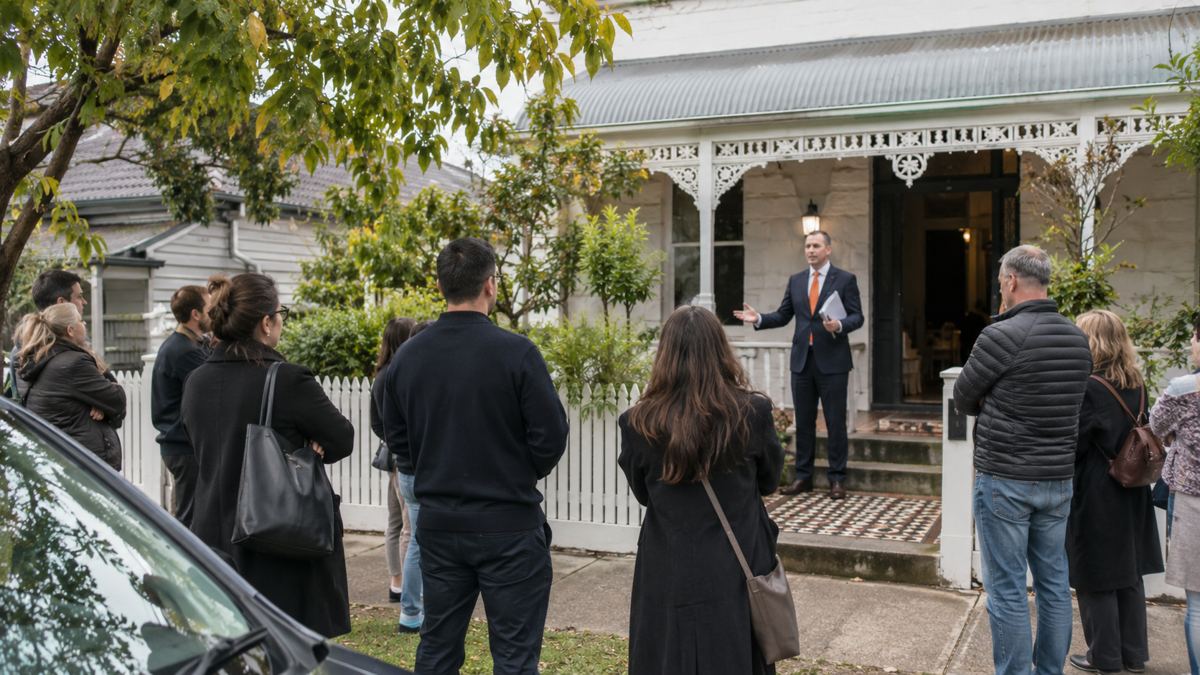 Buyers gathered outside a house on auction day