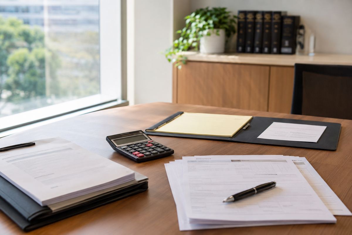 Documents, a calculator and a pen on an office desk