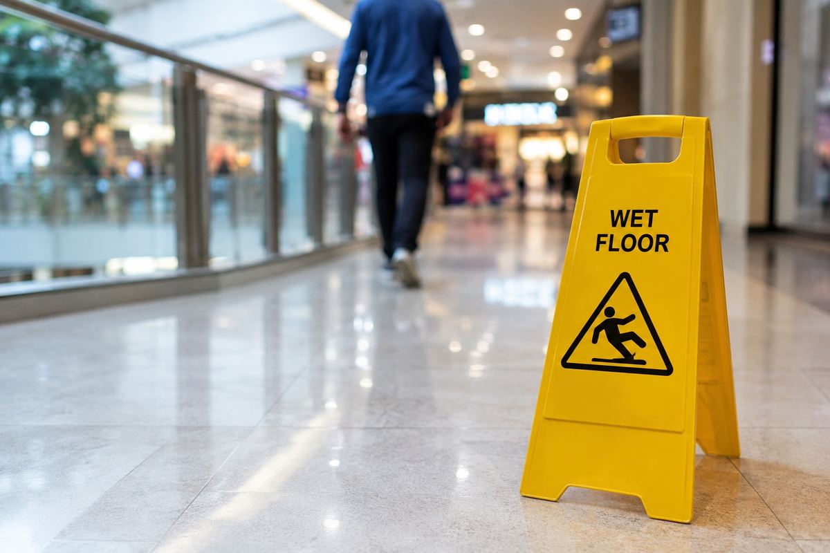 A wet-floor warning sign in a shopping centre walkway