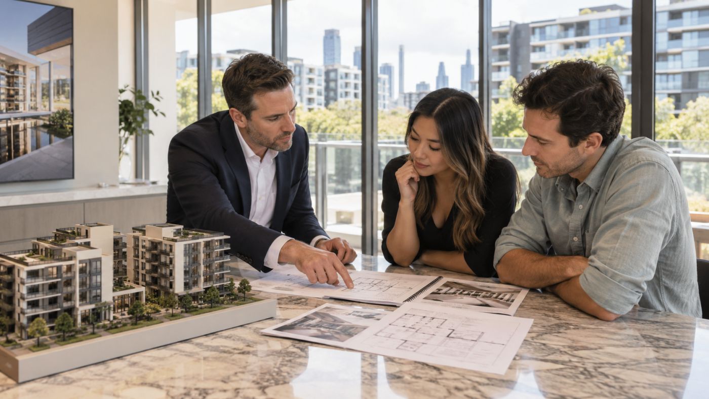 Three people reviewing floor plans beside a model of an apartment building