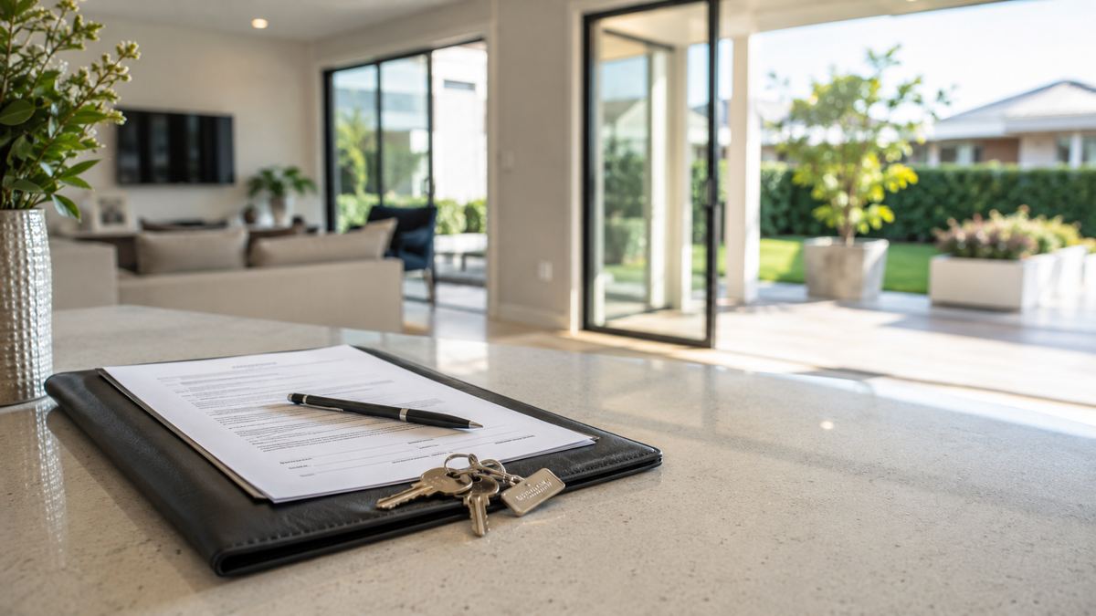 A contract and house keys on a kitchen bench