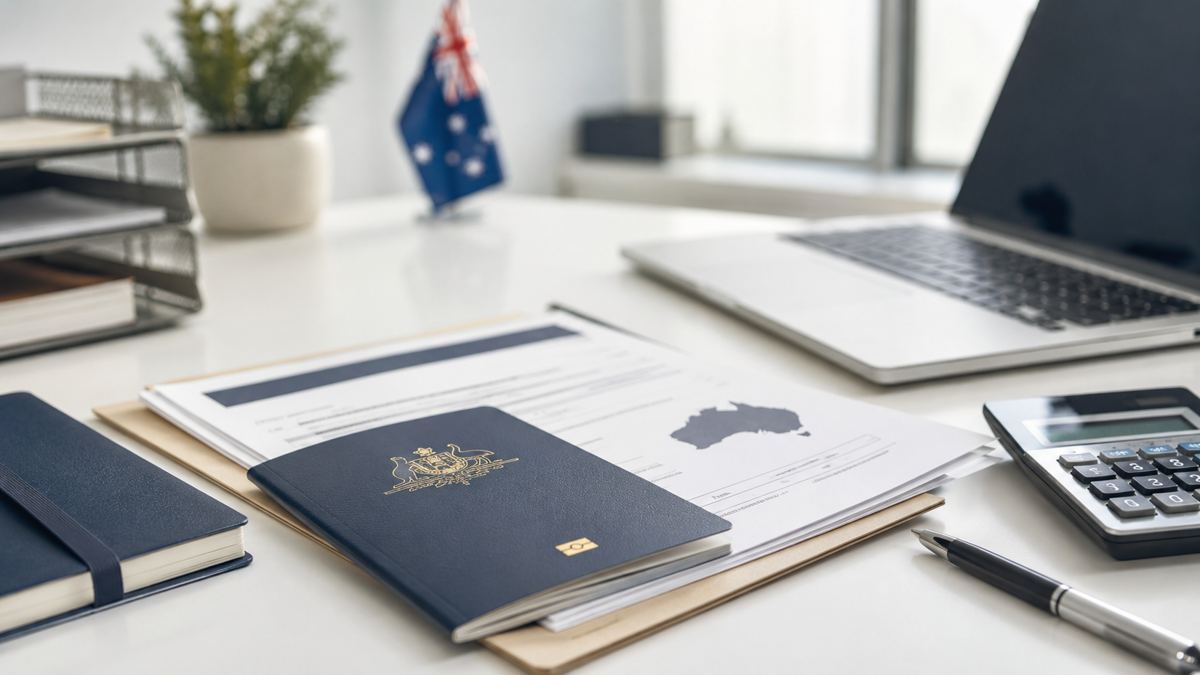 An Australian passport and papers on a desk