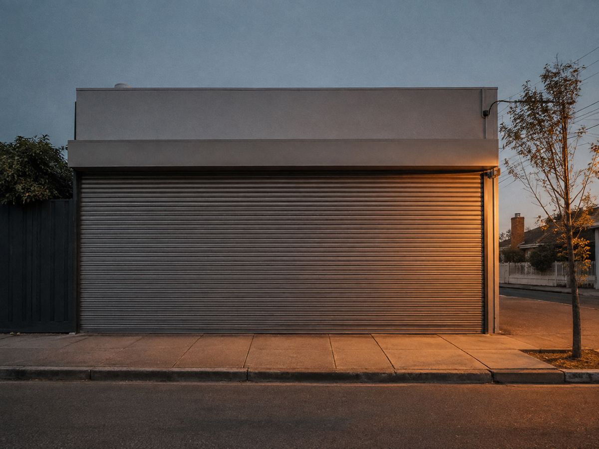 A closed roller door on a shopfront at dusk