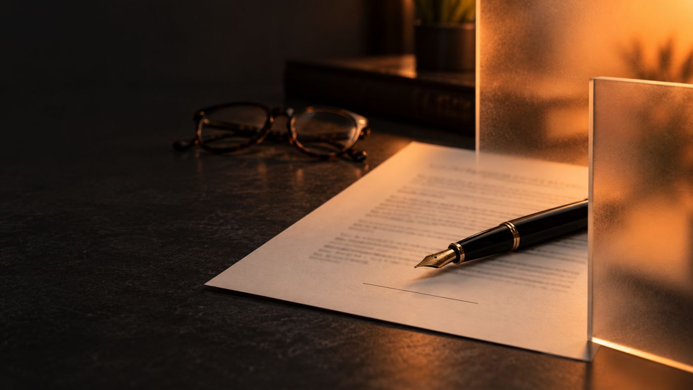 A fountain pen and reading glasses beside a document in low light